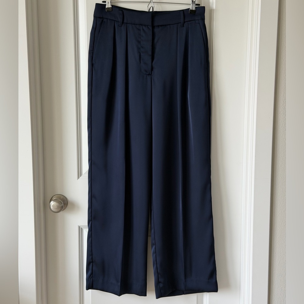 Banana Republic Factory Navy Wide Leg High Rise Pleated Satin Comfy Pants-4